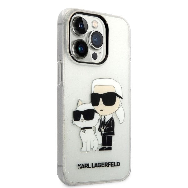 Karl Lagerfeld Handy Hülle Case Glitzer Karl & Choupette für iPhone 14 Pro Weiß