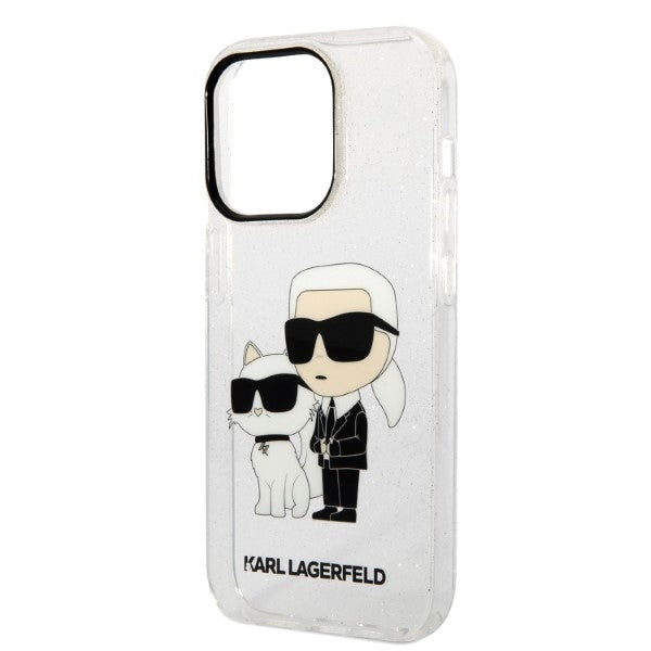 Karl Lagerfeld Handy Hülle Case Glitzer Karl & Choupette für iPhone 14 Pro Weiß