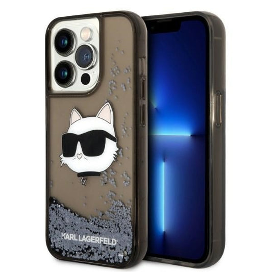 Karl Lagerfeld Handy Hülle Case Liquid Glitzer Choupette für iPhone 14 Pro Max Schwarz