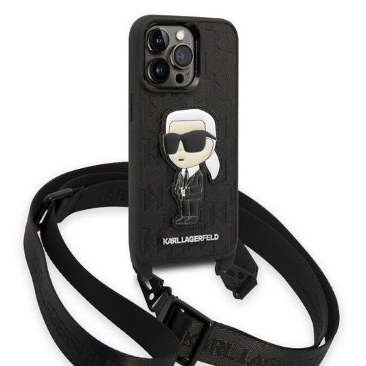 Karl Lagerfeld Crossbody Handy Hülle Case Monogram Ikonik Karl Patch für iPhone 14 Pro Schwarz
