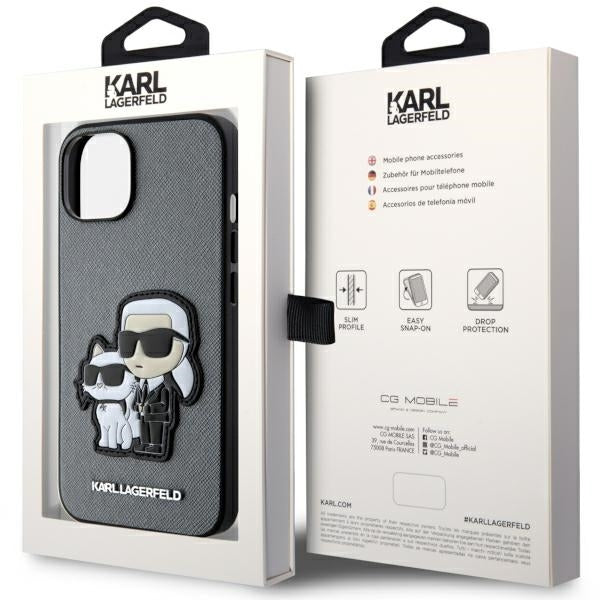 Karl Lagerfeld Handy Hülle Case Saffiano 3D Karl & Choupette für iPhone 13 / 14 / 15 Silber