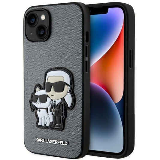 Karl Lagerfeld Handy Hülle Case Saffiano 3D Karl & Choupette für iPhone 13 / 14 / 15 Silber