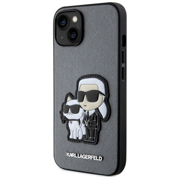 Karl Lagerfeld Handy Hülle Case Saffiano 3D Karl & Choupette für iPhone 13 / 14 / 15 Silber