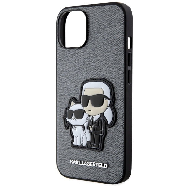 Karl Lagerfeld Handy Hülle Case Saffiano 3D Karl & Choupette für iPhone 13 / 14 / 15 Silber