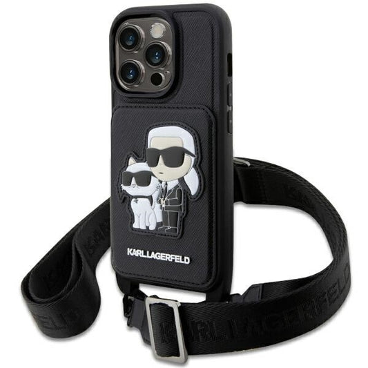 Karl Lagerfeld Crossbody Handy Hülle Case Saffiano Karl & Choupette für iPhone 14 Pro Schwarz