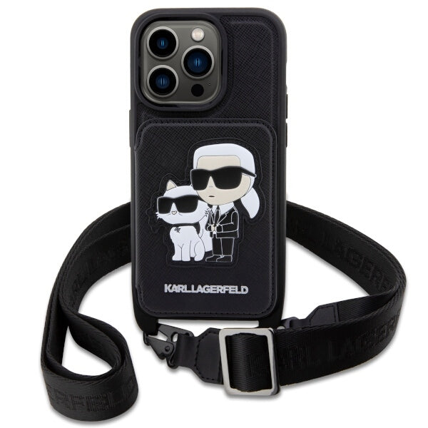 Karl Lagerfeld Crossbody Handy Hülle Case Saffiano Karl & Choupette für iPhone 14 Pro Schwarz