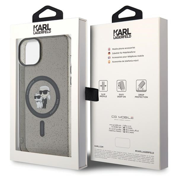 Karl Lagerfeld Magsafe Handy Hülle Case für iPhone 13 / 14 / 15 Glitzer Schwarz