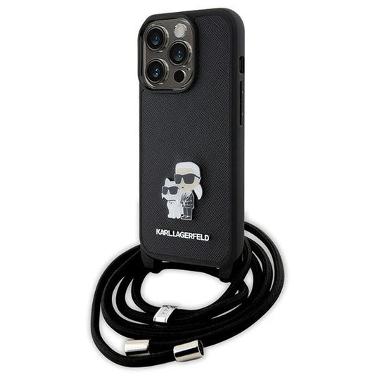 Karl Lagerfeld Crossbody Handy Hülle Case Saffiano Metal Pin Karl & Choupette für iPhone 15 Pro Schwarz