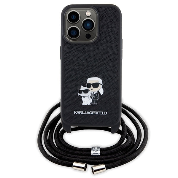 Karl Lagerfeld Crossbody Handy Hülle Case Saffiano Metal Pin Karl & Choupette für iPhone 13 Pro Max Schwarz