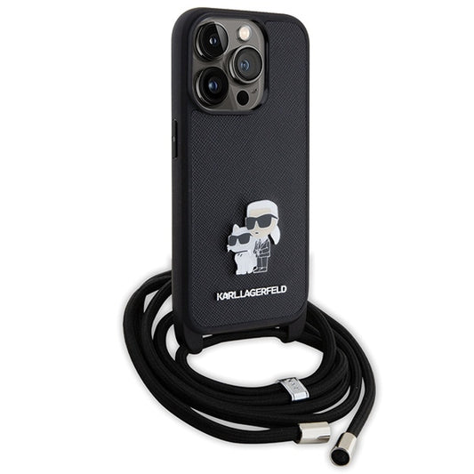 Karl Lagerfeld Crossbody Handy Hülle Case Saffiano Metal Pin Karl & Choupette für iPhone 13 Pro Max Schwarz