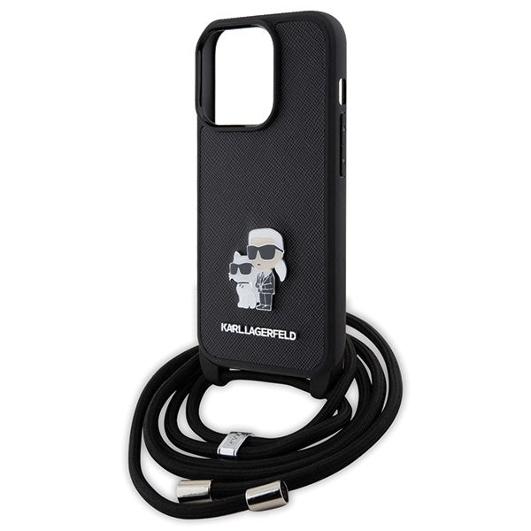 Karl Lagerfeld Crossbody Handy Hülle Case Saffiano Metal Pin Karl & Choupette für iPhone 13 Pro Max Schwarz