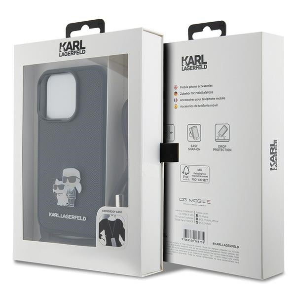 Karl Lagerfeld Crossbody Handy Hülle Case Saffiano Metal Pin Karl & Choupette für iPhone 15 Pro Schwarz