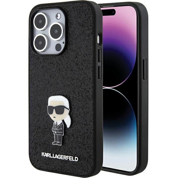 Karl Lagerfeld Handy Hülle Case 3D Logo "KARLLAGERFELD" für iPhone 15 Pro Glitzer Schwarz