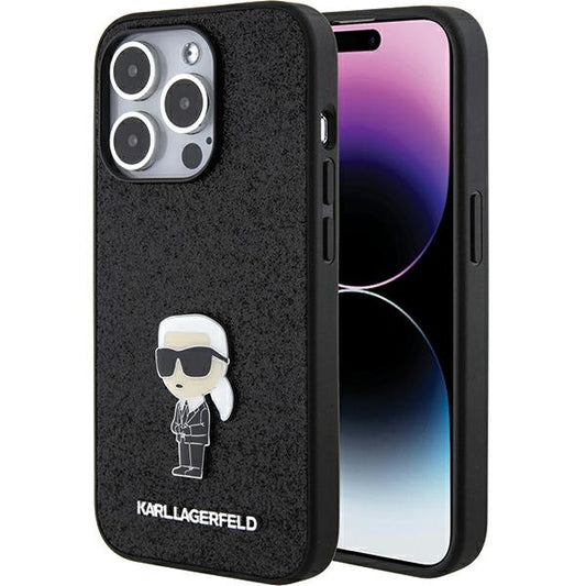 Karl Lagerfeld Handy Hülle Case 3D Logo "KARLLAGERFELD" für iPhone 15 Pro Glitzer Schwarz