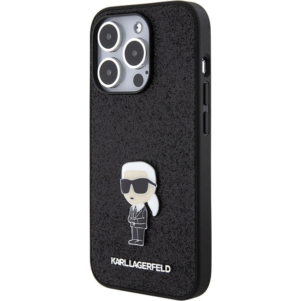 Karl Lagerfeld Handy Hülle Case 3D Logo "KARLLAGERFELD" für iPhone 15 Pro Glitzer Schwarz