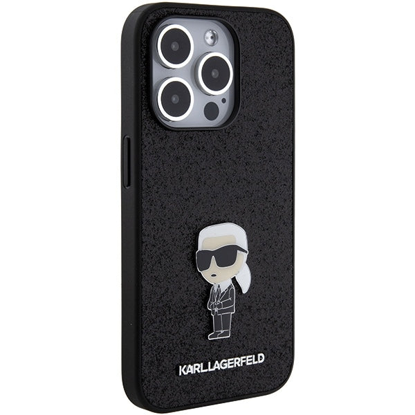 Karl Lagerfeld Handy Hülle Case 3D Logo "KARLLAGERFELD" für iPhone 15 Pro Glitzer Schwarz