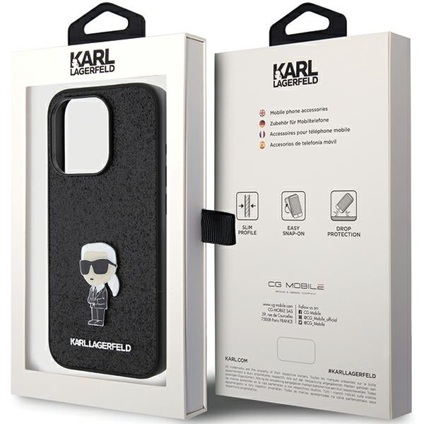 Karl Lagerfeld Handy Hülle Case 3D Logo "KARLLAGERFELD" für iPhone 15 Pro Glitzer Schwarz