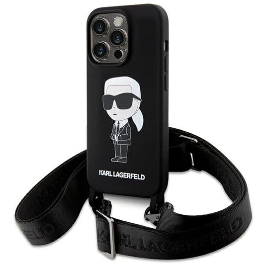 Karl Lagerfeld Crossbody Handy Hülle Case Liquid Silikon Ikonik Karl für iPhone 15 Pro Schwarz