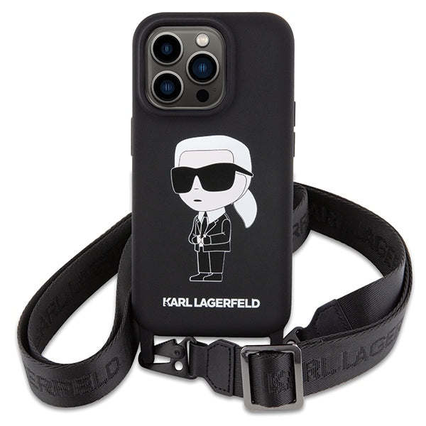 Karl Lagerfeld Crossbody Handy Hülle Case Liquid Silikon Ikonik Karl für iPhone 15 Pro Schwarz
