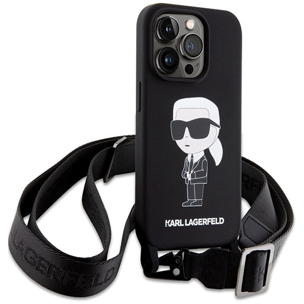 Karl Lagerfeld Crossbody Handy Hülle Case Liquid Silikon Ikonik Karl für iPhone 15 Pro Schwarz