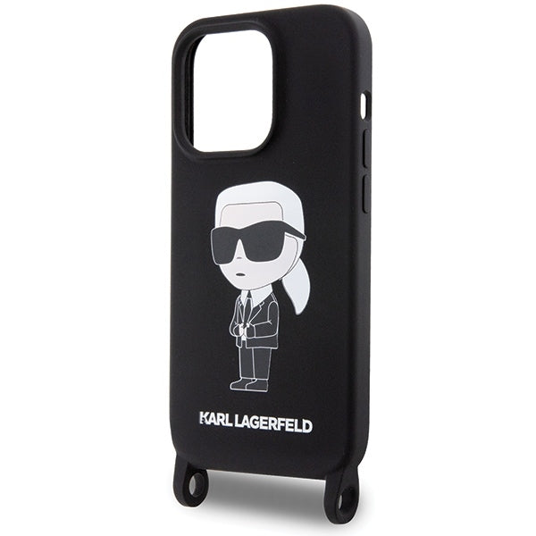 Karl Lagerfeld Crossbody Handy Hülle Case Liquid Silikon Ikonik Karl für iPhone 15 Pro Schwarz