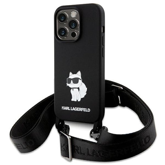 Karl Lagerfeld Crossbody Handy Hülle Case Silikon Choupette für iPhone 15 Pro Schwarz