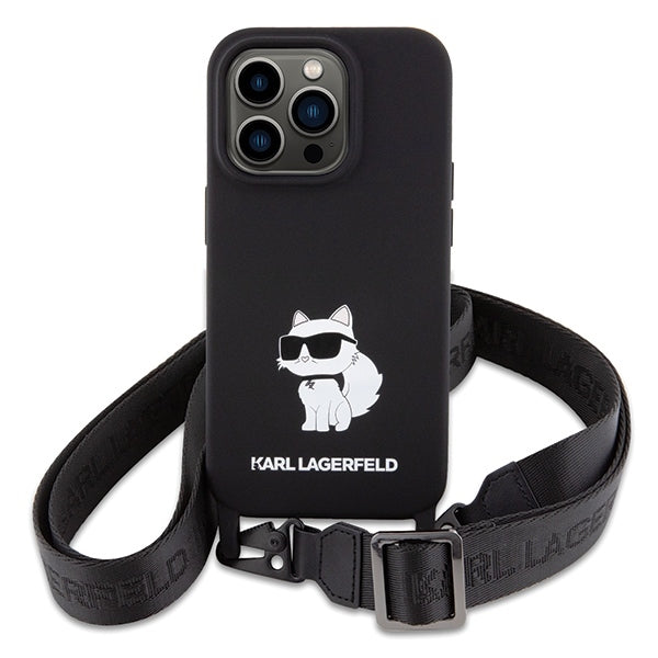 Karl Lagerfeld Crossbody Handy Hülle Case Silikon Choupette für iPhone 15 Pro Schwarz