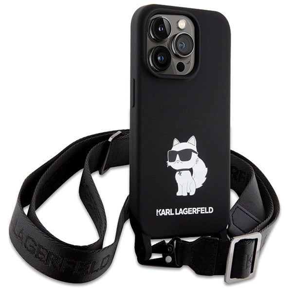 Karl Lagerfeld Crossbody Handy Hülle Case Silikon Choupette für iPhone 15 Pro Schwarz