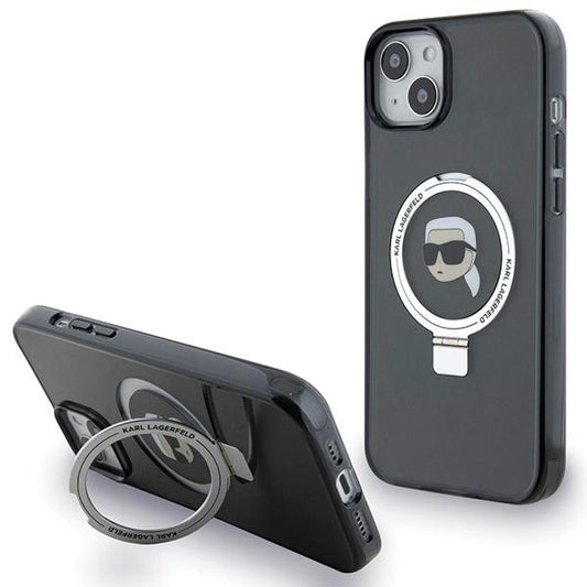 Karl Lagerfeld Magsafe Handy Hülle Case für iPhone 13 / 14 / 15 mit Ring Stand Schwarz