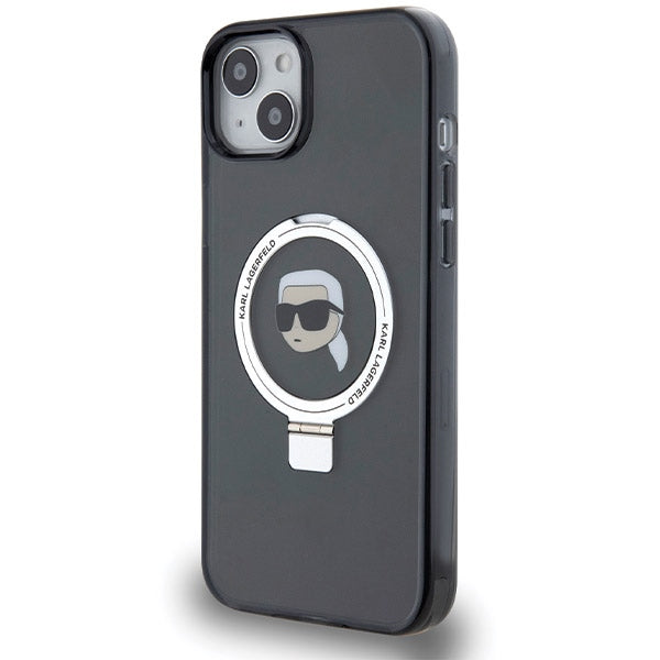 Karl Lagerfeld Magsafe Handy Hülle Case für iPhone 13 / 14 / 15 mit Ring Stand Schwarz