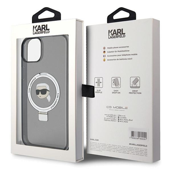 Karl Lagerfeld Magsafe Handy Hülle Case für iPhone 13 / 14 / 15 mit Ring Stand Schwarz