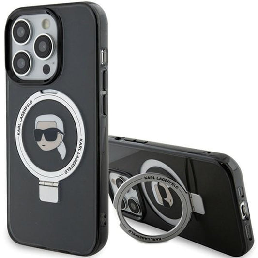 Karl Lagerfeld Magsafe Handy Hülle Case für iPhone 15 Pro mit Ring Stand Schwarz