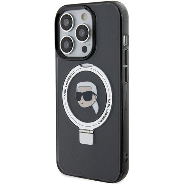 Karl Lagerfeld Magsafe Handy Hülle Case für iPhone 15 Pro mit Ring Stand Schwarz
