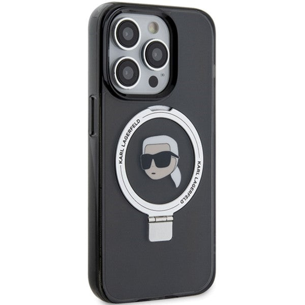 Karl Lagerfeld Magsafe Handy Hülle Case für iPhone 15 Pro mit Ring Stand Schwarz