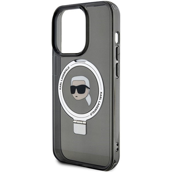 Karl Lagerfeld Magsafe Handy Hülle Case für iPhone 15 Pro mit Ring Stand Schwarz