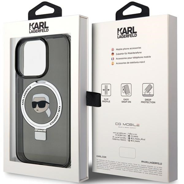 Karl Lagerfeld Magsafe Handy Hülle Case für iPhone 15 Pro mit Ring Stand Schwarz