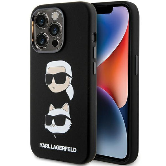 Karl Lagerfeld Handy Hülle Case Liquid Silikon Karl & Choupette Head für iPhone 15 Pro Schwarz