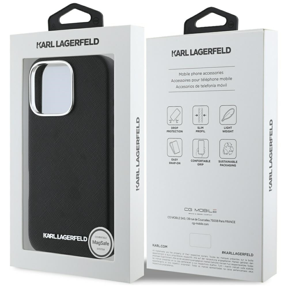 Karl Lagerfeld Handy Hülle Saffiano Full Wrapped Elongated Metall Logo Magsafe Case für iPhone 16 Pro