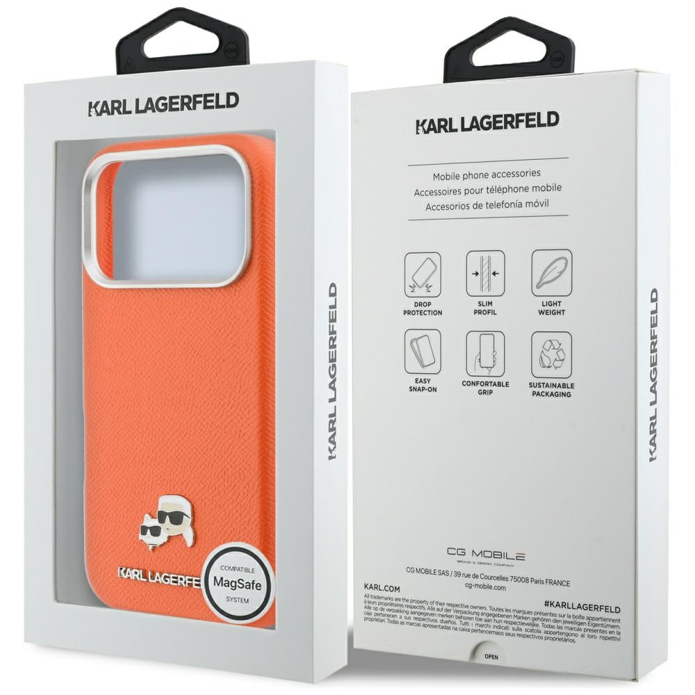 Karl Lagerfeld Handy Hülle Karl & Choupette Head Pins Saffiano Magsafe Case für iPhone 17 Pro Orange