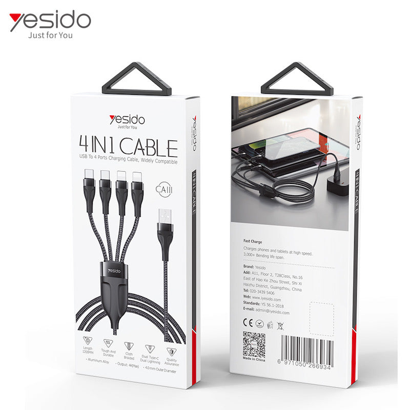 YESIDO CA111 4in1 USB 1.2 Meter Ladekabel mit 2x Typ C und 2x Lightning Anschluss