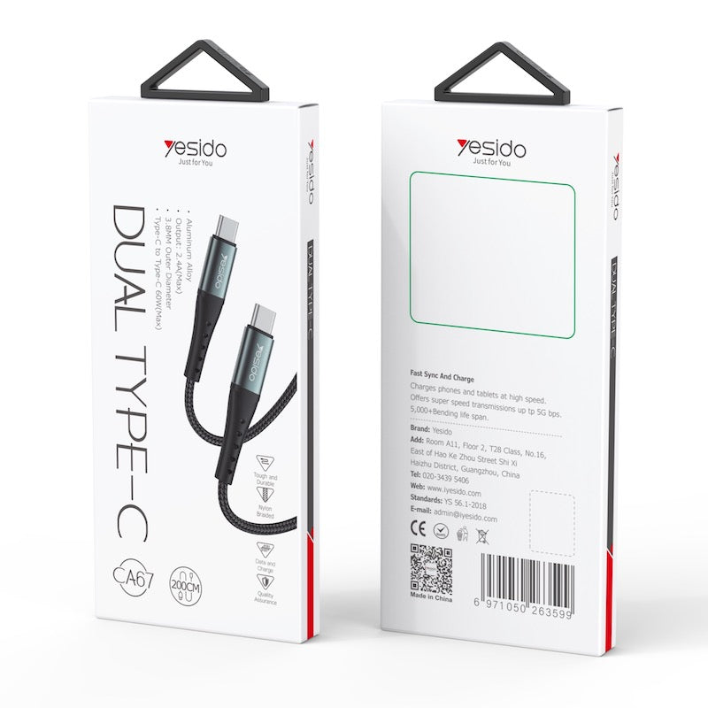 YESIDO CA67 Typ C zu Typ C 2 Meter Ladekabel