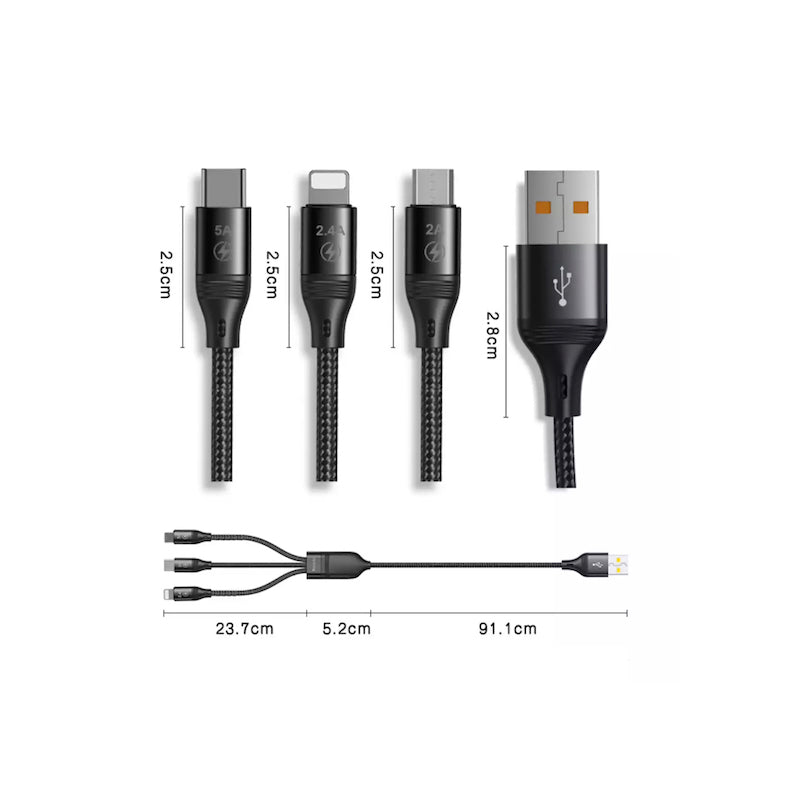 YESIDO CA73 3in1 Lightning, Typ C und Micro 5A Fast Charge 1.2 Meter Ladekabel