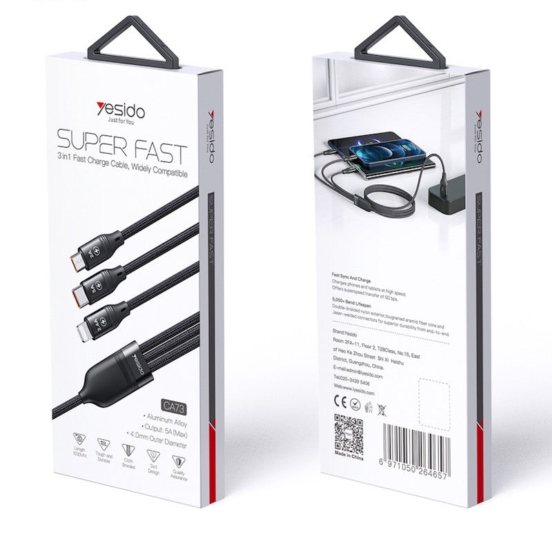 YESIDO CA73 3in1 Lightning, Typ C und Micro 5A Fast Charge 1.2 Meter Ladekabel