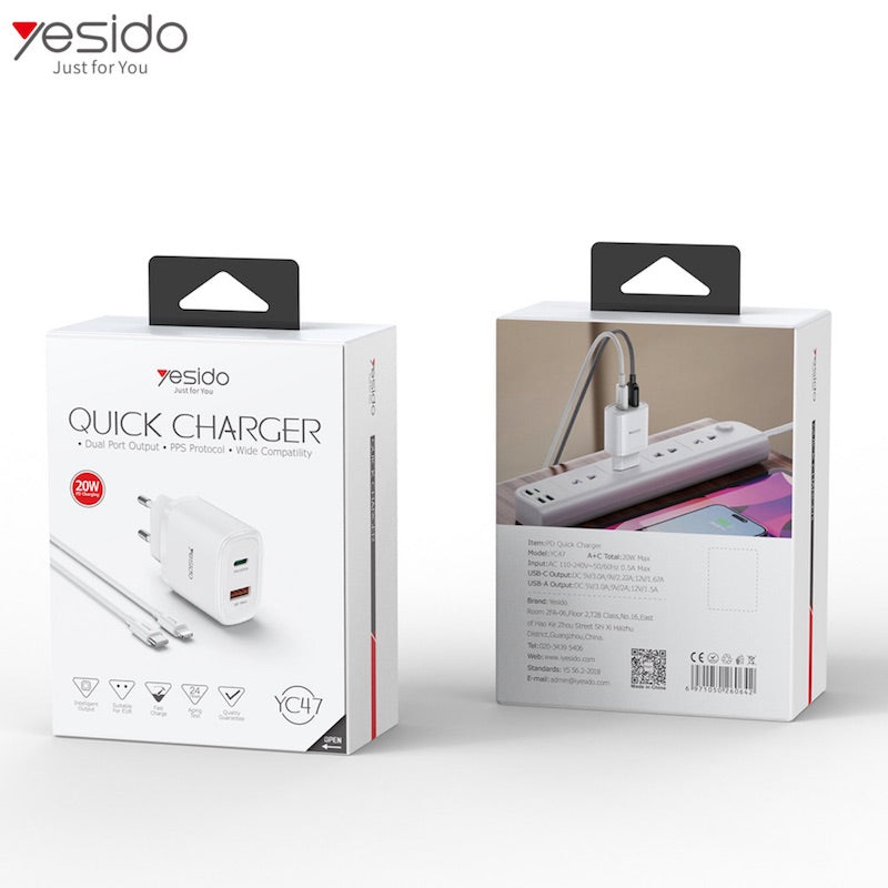 YESIDO YC47 Typ C und USB Ladegerät Adapter mit Typ C zu Lightning Kabel