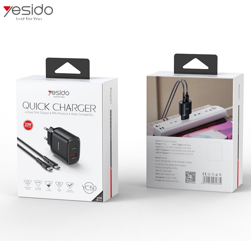 YESIDO YC50 Typ C und USB Ladegerät mit Typ C zu Typ C Kabel