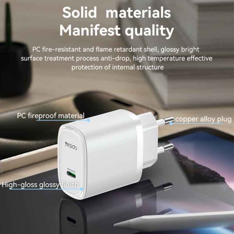 YESIDO YC57L Typ C Ladegerät Adapter mit Typ C zu Lightning Kabel