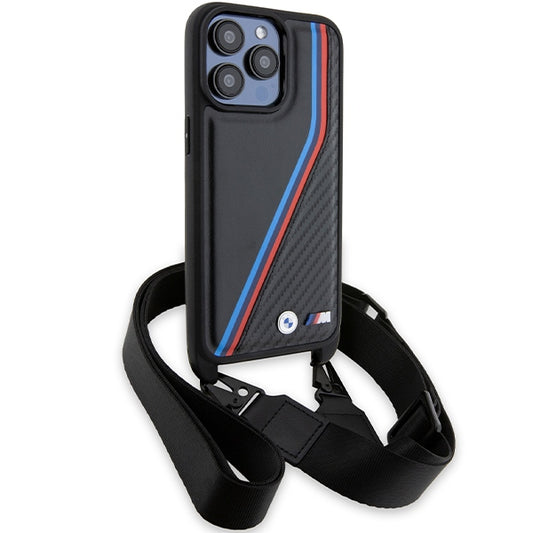 BMW Crossbody Handy Hülle Case M Edition Carbon Tricolor Lines & Strap für iPhone 15 Pro Max Schwarz