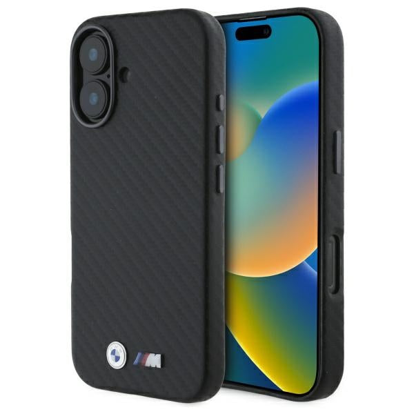 BMW Handy Hülle Carbon Wrapped Metall Hard Case für iPhone 16 Schwarz