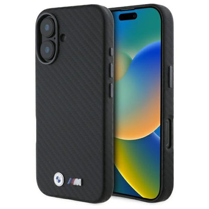 BMW Handy Hülle Carbon Wrapped Metall Hard Case für iPhone 16 Schwarz