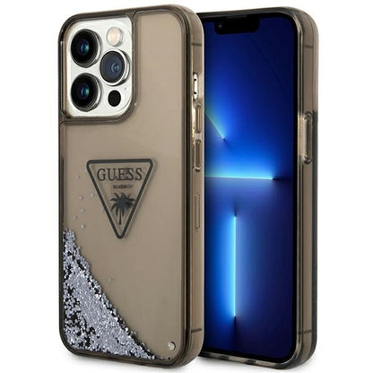 GUESS Handy Hülle Case für iPhone 14 Pro Max Liquid Glitzer 4G Transparent Palm Logo Schwarz